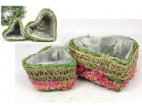 Osłonka mech, gałązki suszone kwiaty róż, juta SERCE 23x22x11 i 15x15x9 cm kpl 2 szt