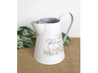 Osłonka metalowa DZBANEK w kwiaty z napisem Welcome 22x23x16,5 cm BIAŁY