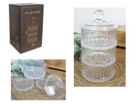 Pojemnik potrójny CANDY BOX szklany z pokrywką szklaną 20x10,5 cm TRANSPARENTNY z wzorem - kpl 4 el.