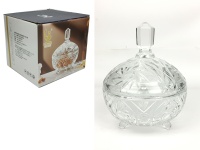 Pojemnik szklany, bombonierka na trzech nóżkach z pokrywką, tłoczony wzór 20x16 cm