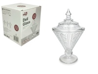 Pojemnik szklany, cukiernica na nóżce z pokrywką, tłoczony wzór 20x12 cm