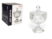 Pojemnik szklany, cukiernica na nóżce z pokrywką, tłoczony wzór LIŚĆ 13x9,5 cm