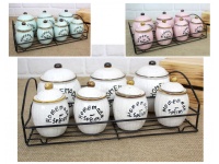 Pojemniki ceramiczne z pokrywką w metalowym koszyku duży 11x13 cm mały 7x10 cm (zestaw 7 szt)