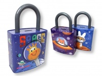 Skarbonka, puszka metalowa kłódka KOSMOS 26x16x8,5 cm MIX WZORÓW