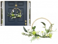 Stroik, wianek na obręczy z drewnianymi koralikami PIANKOWY ZAWILEC z dodatkami  33 cm