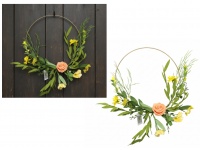 Stroik, wianek na obręczy z drutu PIANKOWA RÓŻA z żółtymi kwiatami 30 cm