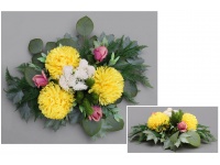 Stroik zalewany 3 DUŻE CHRYZANTEMY ŻÓŁTE + róże i dużo zielonego misa okrągła (ok. 80x65x28 cm ) ok. 2,5 kg 