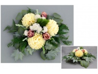 Stroik zalewany 3 DUŻE CHRYZANTEMY ŚMIETANOWE + róże i dużo zielonego misa okrągła (ok. 80x65x28 cm ) ok. 2,5 kg 
