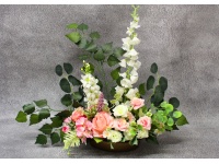 Stroik zalewany łódka KWIATY MIESZANE biało różowy z dzwonkami (ok. 60x25x55 cm) ok.  1,7 kg 