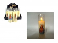 Świeca, lampka LED 16x5,5 cm w transparentnej obudowie z motywem religijnym i skaczącym płomieniem  - 1 szt
