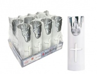Świeca LED lustro z krzyżem BIAŁO-SREBRNA transparentny płomyk (światło zimne białe) 15x4,7 cm no: 411 (C708)  - 1 szt 