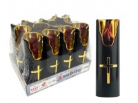 Świeca LED lustro z krzyżem CZARNO-ZŁOTA czerwony płomyk 15x4,7 cm no: 681 (C708)  - 1 szt 
