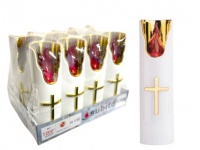 Świeca LED lustro z krzyżem BIAŁO-ZŁOTA czerwony płomyk 17,5x4,8 cm no: 413 (C708)  - 1 szt 