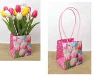 Torebka papierowa na kwiaty 33x13x13 cm Różowa w tulipany- 1 szt