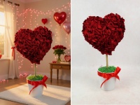 Upominek SERCE z kwiatów w białej doniczce 33x18x9 cm czerwony