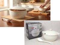 Waza ceramiczna z pokrywką i łyżką wzór fala, złoty pas 24x18 cm