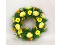 Wianek dekoracyjny styropian-sizal  KWIATY, JAJKA 30 cm ŻÓŁTO ZIELONY