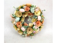 Wianek dekoracyjny styropian-drewno KWIATY, JAJKA 24 cm pastelowy