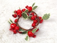 Wianek świąteczny 16 cm LIŚCIE, CZERWONE KULKI