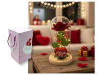 Wieczna RÓŻA LED czerwona na drewnianym podstawku z sercem 21x11 cm