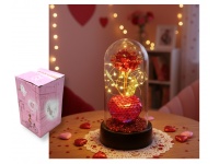 Wieczna RÓŻA LED czerwono złota z sercem na czarnym podstawku z confetti 15x8 cm