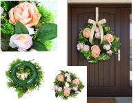 Wieniec wianek RÓŻA, KAMELIA 32 cm (3 róże 9x5 cm, 9 kamelia 5x2,5 cm) - BRZOSKWINIOWO-FIOLETOWY