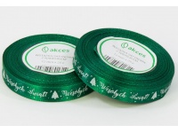Wstążka satyna nadruk 12mm x 23m - 1 szt ZIELONA Wesołych Świąt
