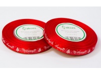 Wstążka satyna nadruk 12mm x 23m - 1 szt ZIELONA Wesołych Świąt