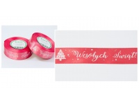 Wstążka satyna nadruk 25mm x 23m - 1 szt CZERWONA Wesołych Świąt