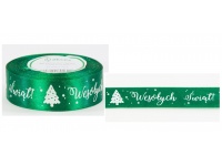 Wstążka satyna nadruk 25mm x 23m - 1 szt ZIELONA Wesołych Świąt