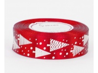 Wstążka satyna nadruk 25mm x 23m - 1 szt CZERWONA choinki