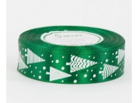 Wstążka satyna nadruk 25mm x 23m - 1 szt ZIELONA choinki