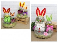 Zając z siana RODZINA na kole filcowe uszy, kokarda w kropki 38 cm