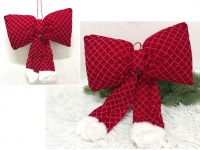 Zawieszka na choinkę KOKARDA 33x27 cm CZERWONA z białym futerkiem z kryształkami