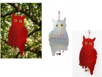 Zawieszka wietrzna, plastikowa SOWA, odstraszacz PTAKÓW z dzwoneczkami 43x20x0,01 cm HOLOGRAFICZNY srebrno-czerwony