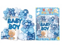 Zestaw dekoracyjny na BABY SHOWER (napis baby boy, balon niemowlak, balony) BIAŁO - NIEBIESKIE - 66 szt