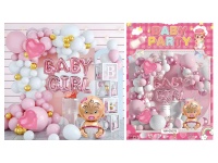 Zestaw dekoracyjny na BABY SHOWER (napis baby girl, balon niemowlak, balony) BIAŁO - RÓŻOWE - 66 szt