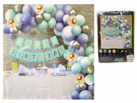 Zestaw dekoracyjny na urodziny (girlanda happy birthday, balony) NIEBIESKO - SREBRNE - MIĘTOWE - 100 szt
