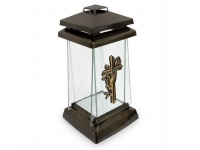 Znicz szklany TRAPEZ szyba mini ZŁOTY krzyż z różą 22 cm - 1 szt