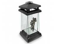 Znicz szklany TRAPEZ szyba mini SREBRNY krzyż z różą 22 cm - 1 szt