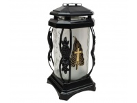 Znicz szklany Z-468 KAPLICZKA LIŚĆ Z KRZYŻEM CZARNY 26 cm złota aplikacja, mleczne szkło - 1 szt